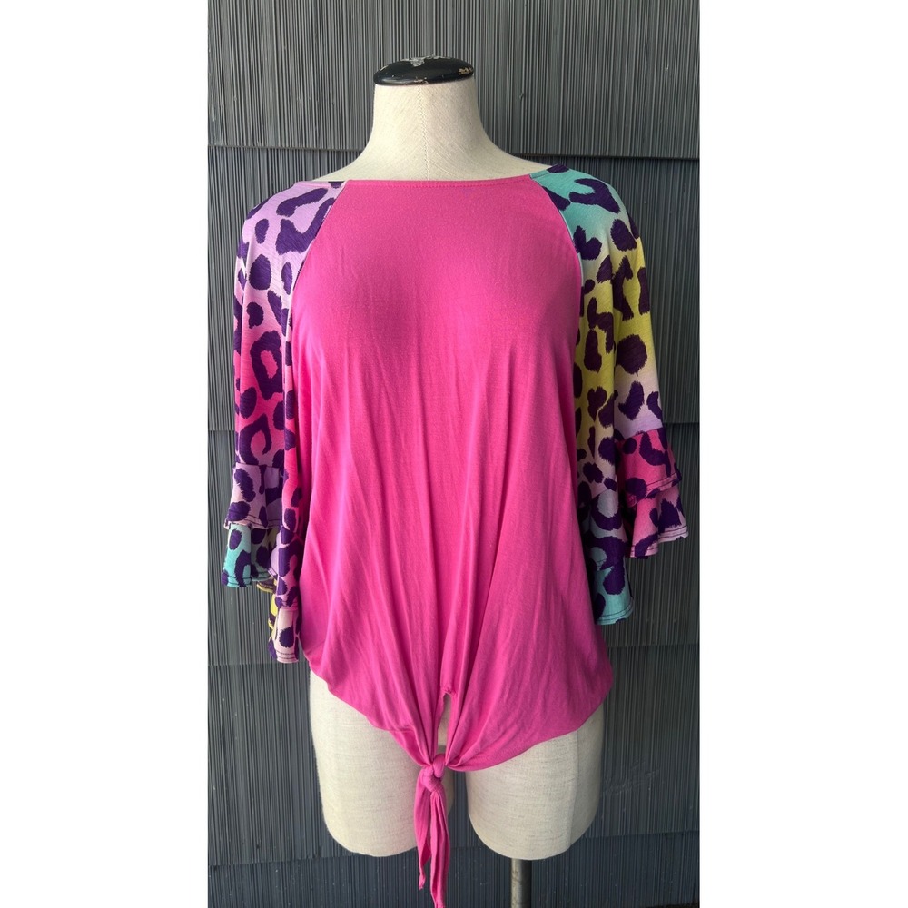 Adora Pink Rainbow Leopard Print Tie Front Bell Sleeve Top